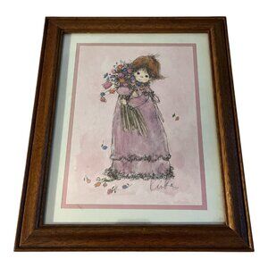 Vintage Kinka Framed Art Print – Girl with Flowers in Lavender Dress – 1980s Sen